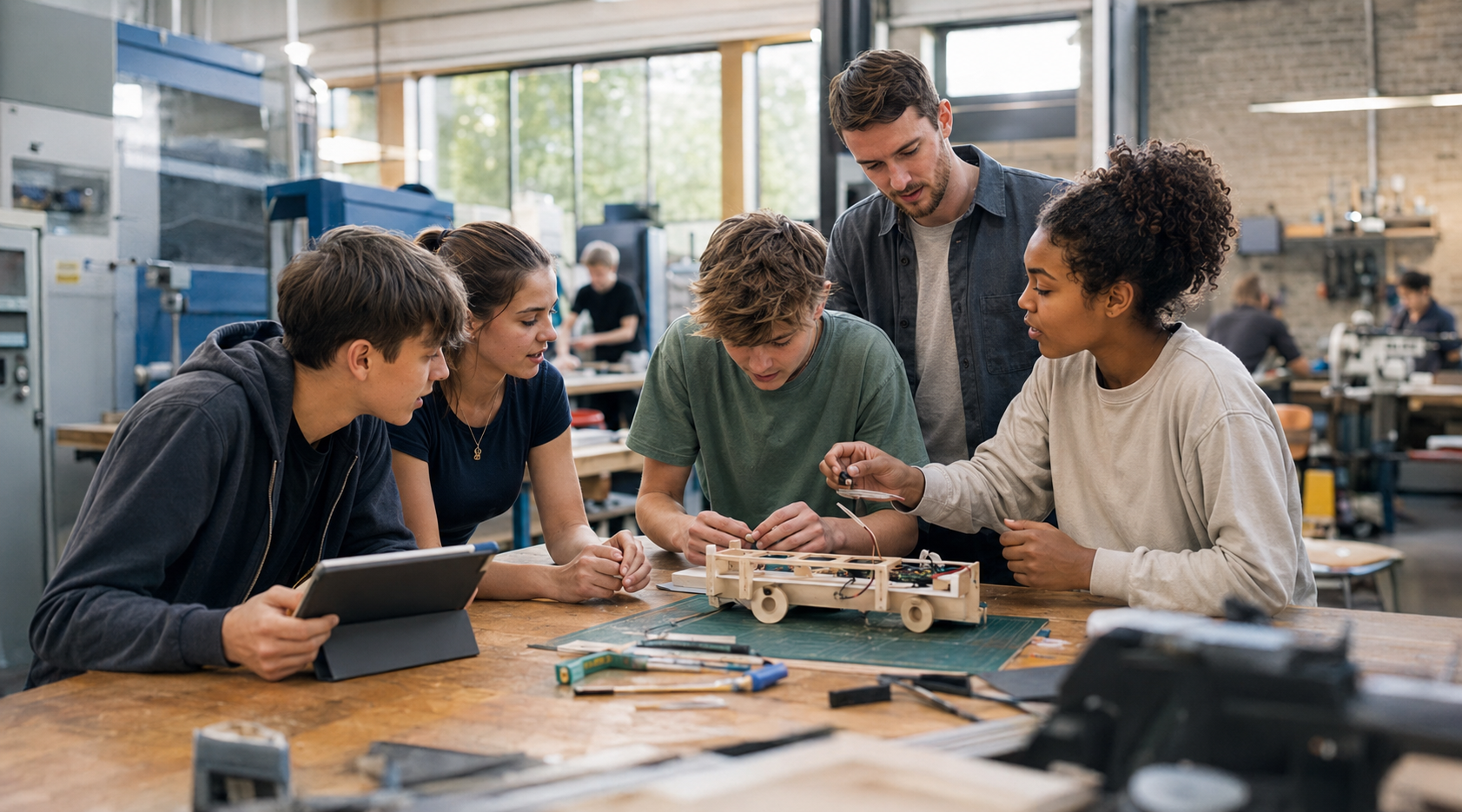 Transferable capability: Young people collaborate with a tutor on a practical vehicle-building project, using a tablet, discussion and problem-solving in a technical workshop.