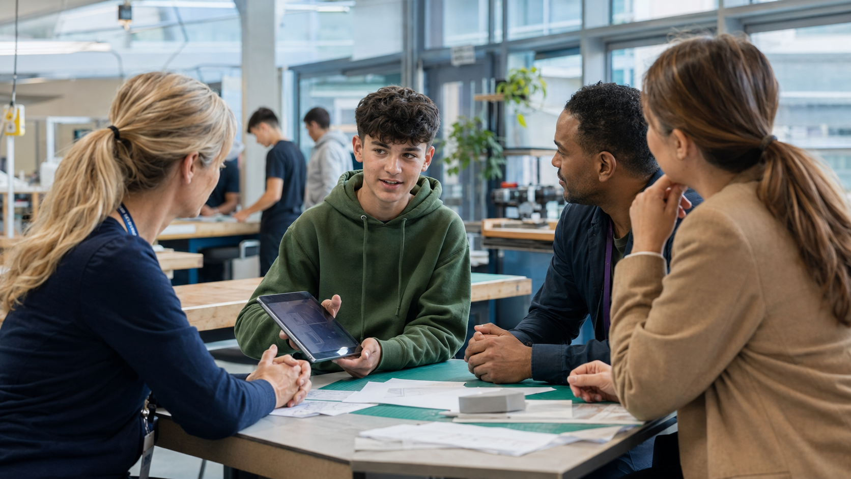 Navigation and transition: A young person uses a tablet to lead a transition discussion with three education and workplace professionals in a practical learning environment.
