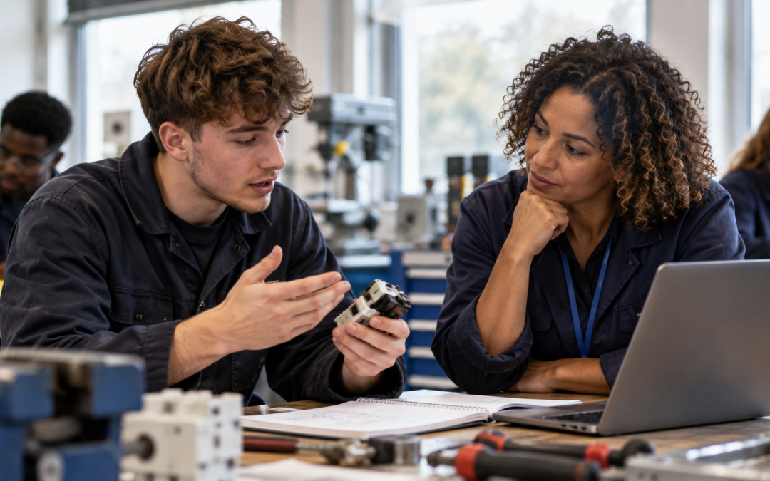 A vocational learner and practitioner examine a practical task together, weighing a digital suggestion against their own observations and reasoning.